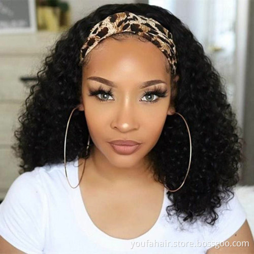 Wholesale 150 Density Deep Wave Curly Headband Wigs Raw Human Hair Wigs For Black Women Brazilian Virgin Hair Machine Made Wig